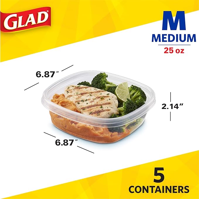 Glad GladWare Entree Food Storage Containers with Lids, Medium Square No BPA Plastic for Meal Prep and Lunches, Lock Tight Seal, Microwave and Dishwasher Safe, 25 Oz, 5 Count - 6 Pack