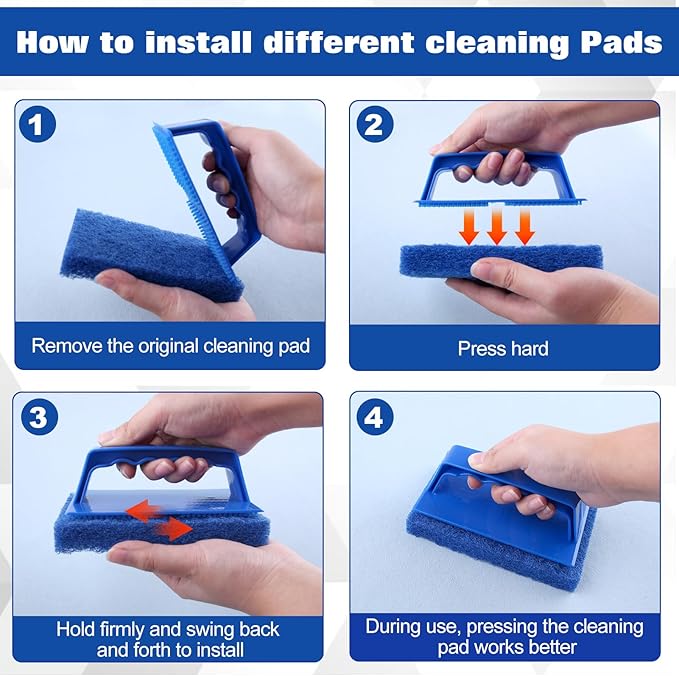 Handled Bath Scrubber Set 3 Pcs Non-Scratch Bathroom Scrubbing Pads with 1 Pc Handle, Reusable Cleaning Sponge Scrub Brush for Cleaning Shower Tile Bathtube Sink Spas Tubs Swimming Pool Step