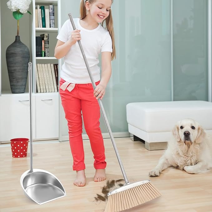Broom and Dustpan Set with Long Handle, Heavy Duty Broom with Dustpan Combo Set, Windproof Upright Stainless Steel Dust Pan with Kitchen Brooms for Home Office Lobby Indoor Outdoor Use, Khaki