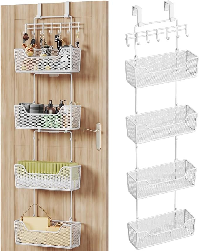 HapiRm Over Door Organizer Storage - Hanging Door Organizer with 4 Metal Large Capacity Baskets and Adjustable Coat Hook for Bathroom Bedroom Kitchen Pantry Closet Cabinet