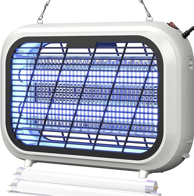 Indoor Electric Bug Zapper, Powerful Fly Zapper with Double-Layer High-Voltage Grid, All-Round Mosquito Catcher for Fly, Mosquito, Moth, Gnat, Trap, Removable Tray & 2 Replace Light Tube