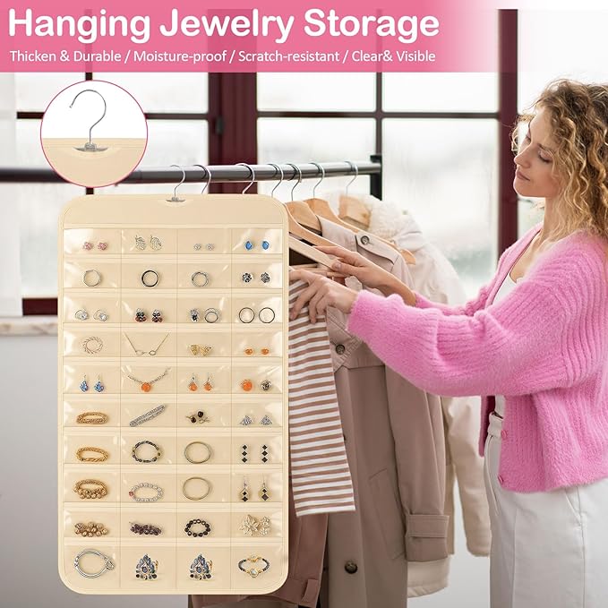1 Pack Hanging Jewelry Organizer, 80 Clear Pockets earring organizer and storage, Accessories holder organizer for Closet, Jewelries, Necklace, Travel