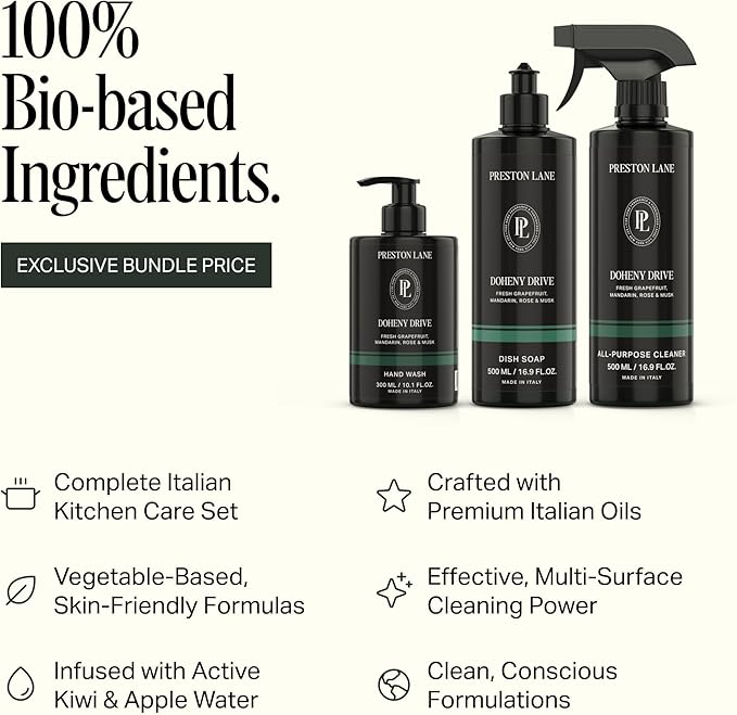 Preston Lane Luxury Kitchen Set – Hand Wash, Dish Soap & All-Purpose Cleaner | Plant-Powered Cleaning Essentials Bundle with Fine Italian Fragrance, Doheny Drive Scent