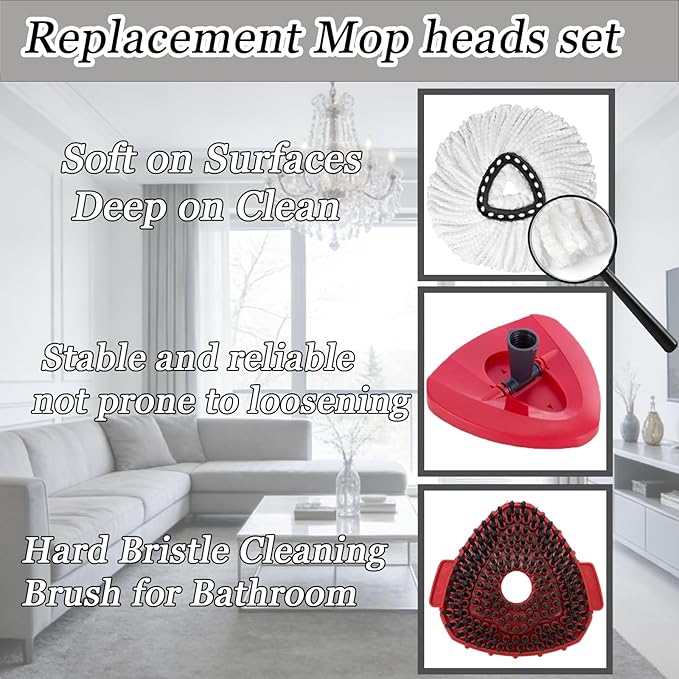 6Pcs Mop Heads Replacement,Spin Mop Replacement Head Compatible with Cedar Easywring 1-Tank System,Including 4 Spin mop Replacement Heads,2 Brush Head Machine Washable & Easy to Replace
