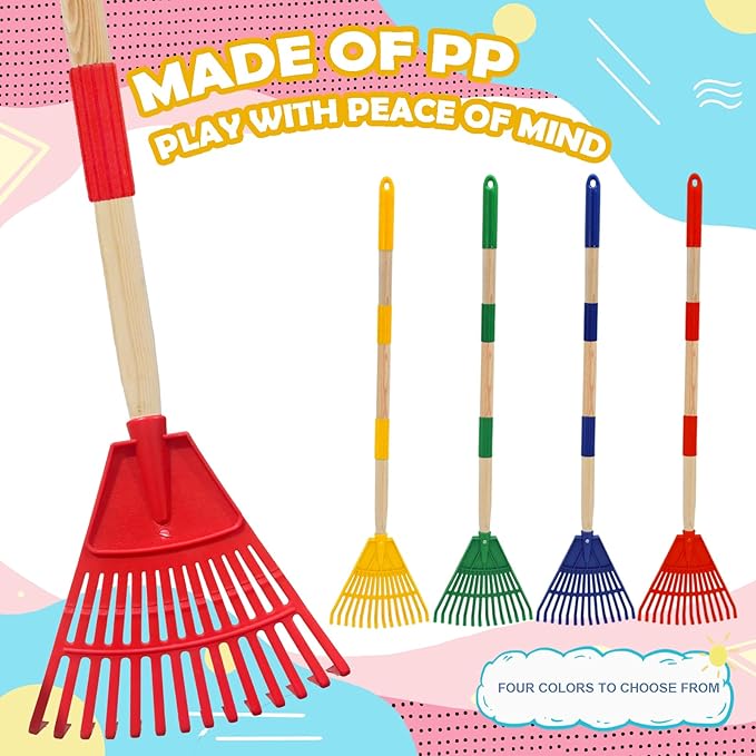 Kids Leaf Rake - 3-Section Adjustable Handle, Lightweight, Wood & Plastic, Small Garden Tool for Children (Red)