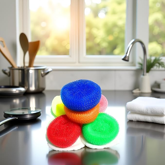 6Pcs Random Color Plastic Cleaning Ball Dish Cleaner Brush,Non Scratch Round Dish Scrubbers,Nylon Scouring Pads,Mesh Scourers Poly Mesh Scouring Dish Pads Cleaning Supplies for Dishes,Dishwashing