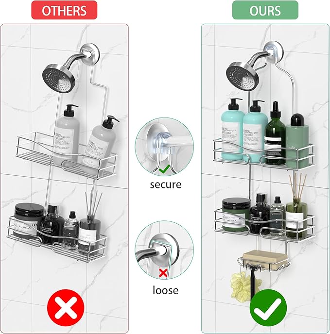 DAOYA Shower Caddy - Organizer with 6 Hooks, Soap Basket & Self-Adhesive Pad, Silver