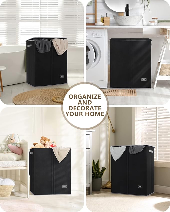 SOLEDI Double Laundry Hamper with Lid and Removable Laundry Bags - Large Dirty Clothes Hamper 2 Section - Collapsible Laundry Baskets for Bedroom, Bathroom, Laundry room, Apartment, Black