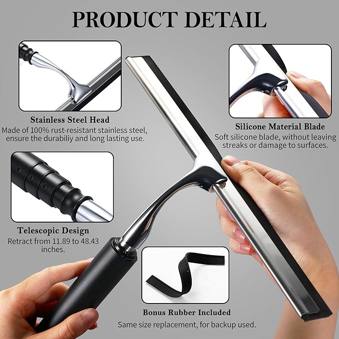 2 in 1 Window Squeegee, Shower Squeegee Window Cleaning Kit with Extension Pole Long Handle Squeegee for Shower Glass Floor Bathroom Home Outdoor, 12 inch Wide, Black