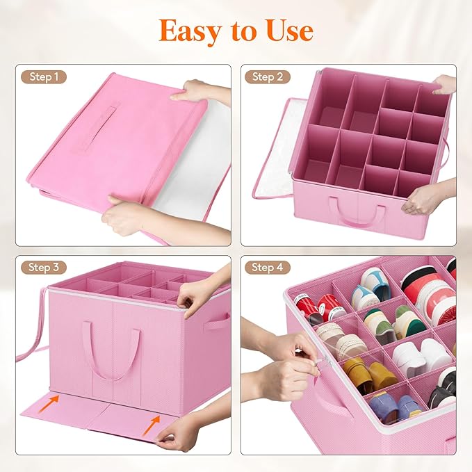 Lifewit 6 Pack Shoe Storage Organizer for Closet, Large Shoe Box Storage Containers with Clear Cover, Foldable Storage Bins Fit for Boots Fits 72-96 Pairs (Each 12-16 Pairs) Pink