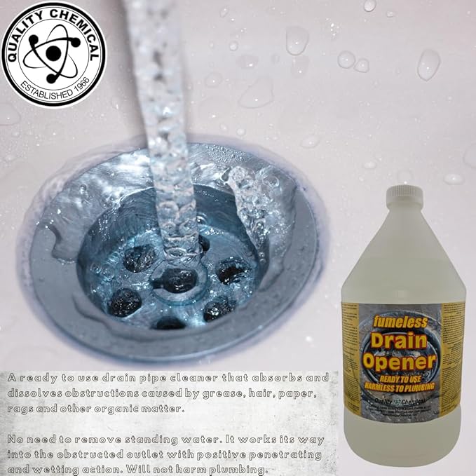 Quality Chemical Fumeless Drain Opener - Fast Acting Clog Remover and Declogger - Professional Strength - for Bathtub, Kitchen Sink, Drano, Hair Clog Remover - Drain Cleaner 128 oz (Pack of 1)