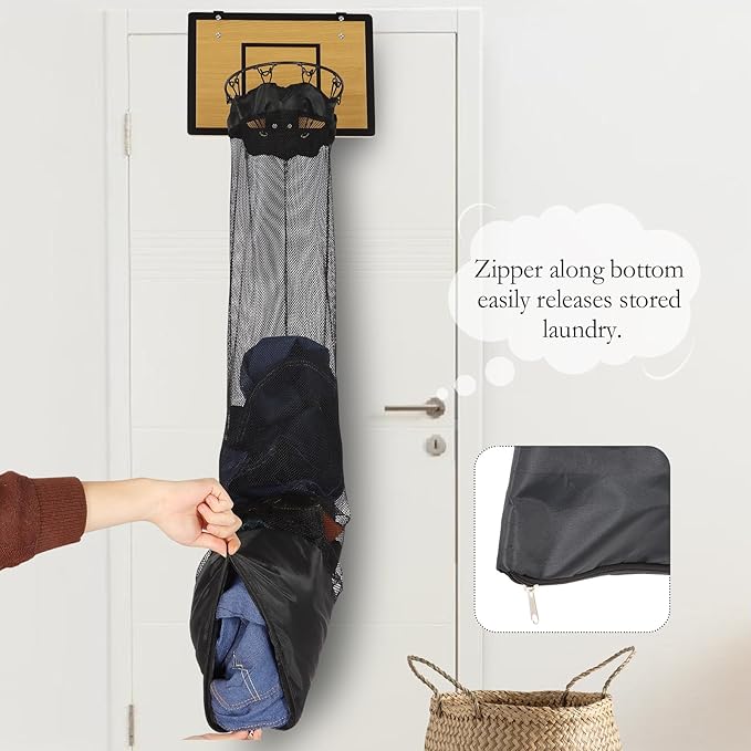 Over the Door Basketball Hoop Laundry Basket ,Wooden Basketball Laundry Hamper with Zipper for Kids Room,Dorm Rooms,Bathroom,Saving Space Storage and Organization