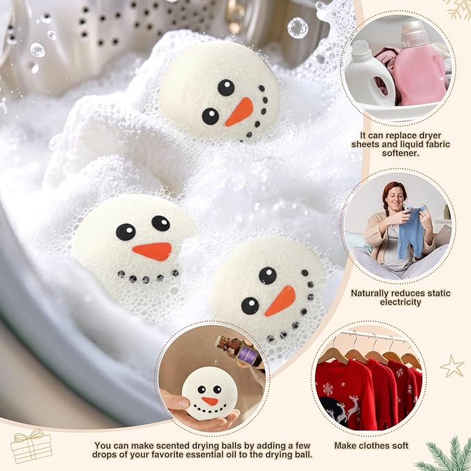 Jenaai 6 Pcs Wool Dryer Balls Bulk for Easter Laundry Basket Cute Organic XL Wool Dryer Laundry Balls Natural Soft Fabric Softener Anti Static Fabric Softener Alternative for Clothes(Snowman Face)