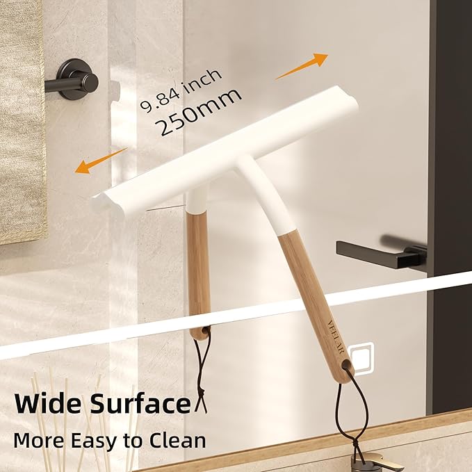 Shower Squeegee for Shower Glass, Bathroom Glass Cleaning Tool with Hook Mount, Squeegee for Glass Doors, Window Cleaning, Tile Shower Walls (White+Wood)