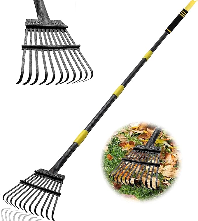 Garden Leaf Rakes, 6FT Rakes for Lawns Heavy Duty 11 Metal Tines 9 inch Wide, Adjustable Long Steel Handle, Small Shrub Rake, Gathering Leaves (Black)