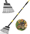 Garden Leaf Rakes, 6FT Rakes for Lawns Heavy Duty 11 Metal Tines 9 inch Wide, Adjustable Long Steel Handle, Small Shrub Rake, Gathering Leaves (Black)