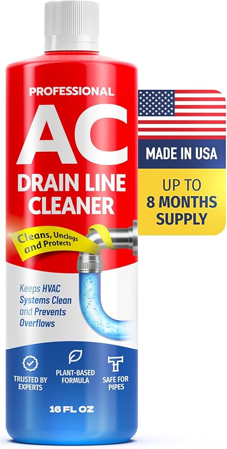 AC Drain Line Cleaner – Fast Acting Plant-Based Formula, Multi-Use HVAC Condensate & Air Conditioner Cleaning Liquid, Removes Buildup and Clears Clogged AC Lines, Up to 8 Uses, Made in USA, 16 oz