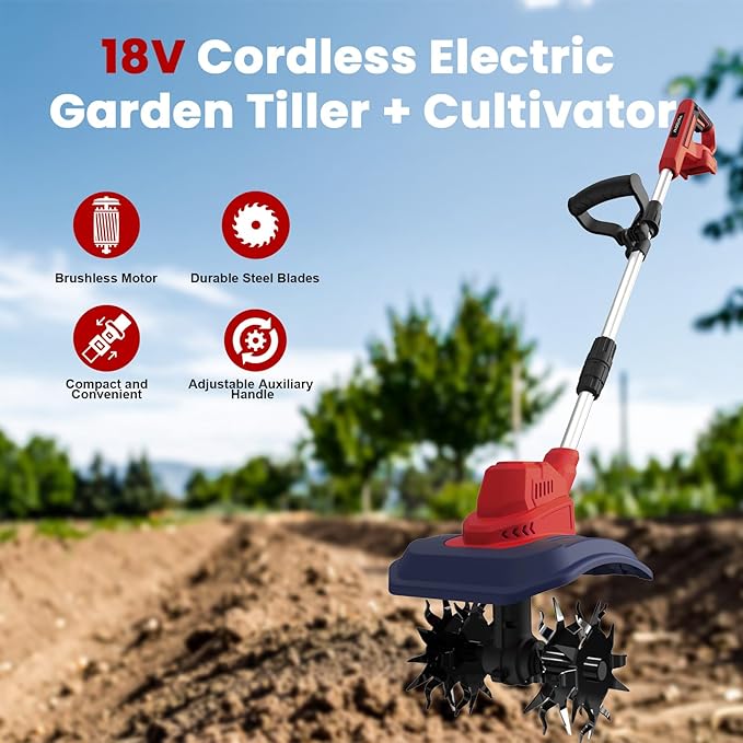 Cordless Garden Tiller Cultivator Compatible with Milwaukee 18V Battery, 250RPM Electric Rototiller with Brushless Motor, 48 Steel Tines, 8.7" Tilling Width, 6.3" Depth, Rotary Tiller(Tool ONLY)