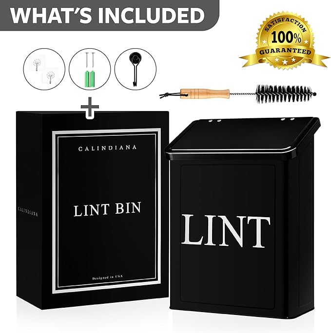 Calindiana Modern Farmhouse Metal Magnetic Lint Bin with Lid and Laundry Room Organization and Storage Wall Mount Space Saving Washer and Dryer Trash Can (Black (LINT Brush Set))