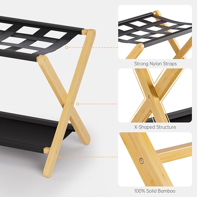 HITNET Luggage Rack 2 Pack, Folding Suitcase Stand for Guest Room, Bamboo Luggage Holder with Storage Shelf for Hotel Bedroom, Natural