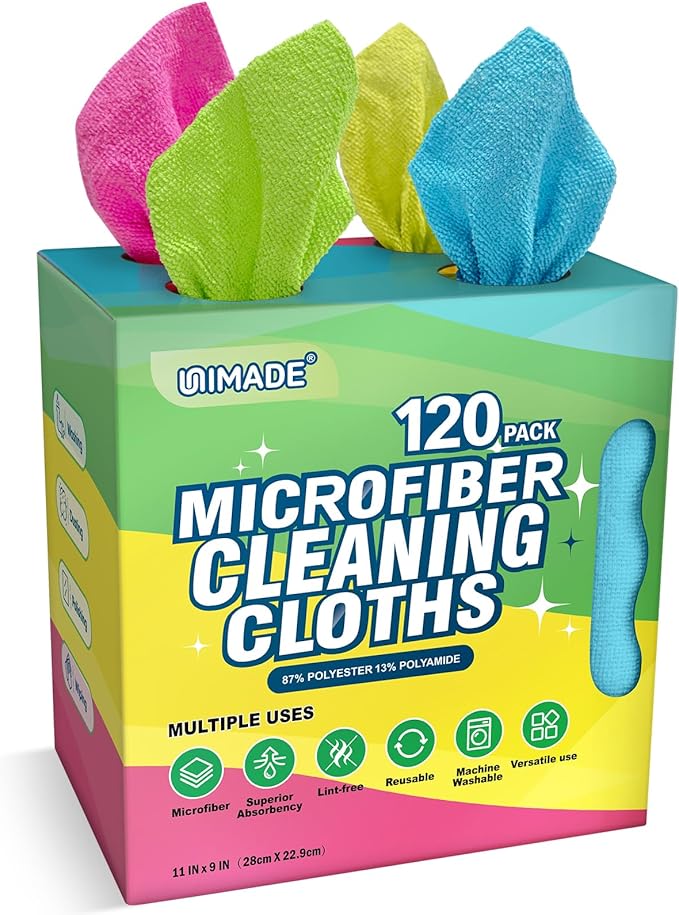 Microfiber Cleaning Cloth, 120 Pack Reusable Paper Towels Microfiber Towels for Cars Lint Free Washable Tissues Shop Rags with Dispenser Box for Home Kitchen Automotive, 11"x 9", Multicolor