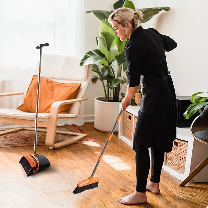 Broom and Dustpan Set (53" L) Adjustable Length Stainless Steel Broomstick Standing Dustpan and Broom for Office Home Kitchen Lobby Floor (Orange and Black)