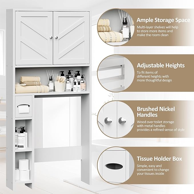 Meilocar Bathroom Storage Cabinet Over Toilet with Toilet Paper Holder Stand, Freestanding Bathroom Storage Organizer Cabinet Space Saver W/Adjustable Shelf, White