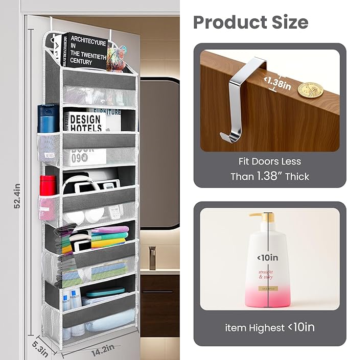 Ease of Assembly Over The Door Organizer, 5 Shelves & 8 Side Pockets,Hanging Behind Door Storage, Heavy-Duty Reinforced Mesh Rack Holds 44lb for Bathroom,Pantry, Nursery,Closet, Shoes, Towels