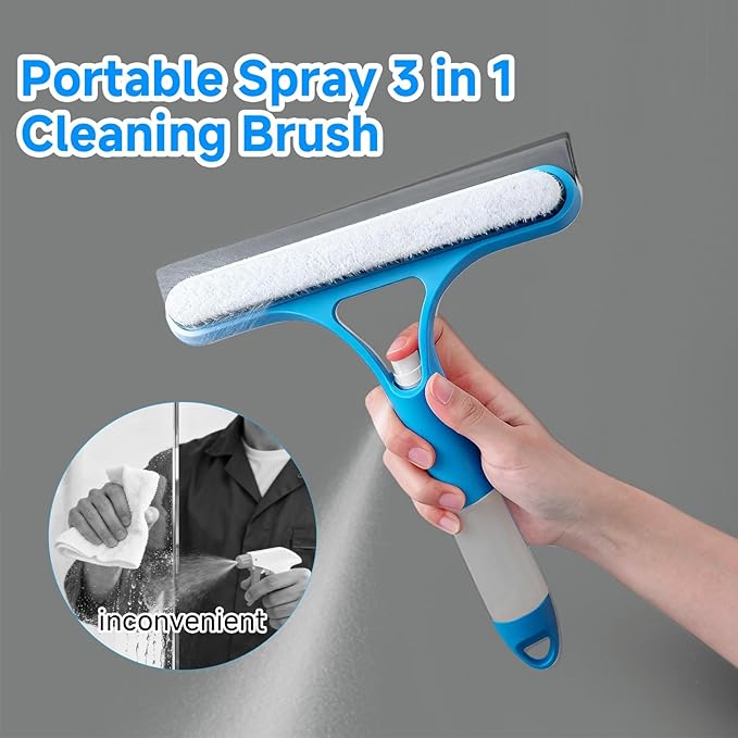 3 in 1 Window Cleaning Scraper with Sprayer, All-Purpose Squeegee for Shower Glass, Car Windows, Mirrors & Home, Window Cleaner Tool with Built-in Spray Bottle (Blue)
