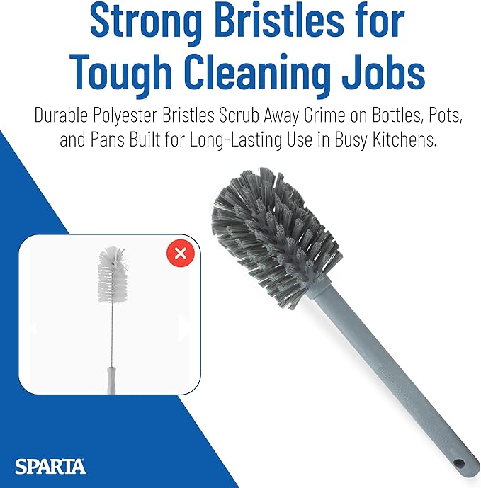 SPARTA Large Water Bottle Brush Ideal for Wide-Mouth Jars, Bottles and Tumblers, Dishwashing Tool with Handle for Home and Commercial Kitchens, Plastic, 12 Inches, Gray, (Pack of 6)
