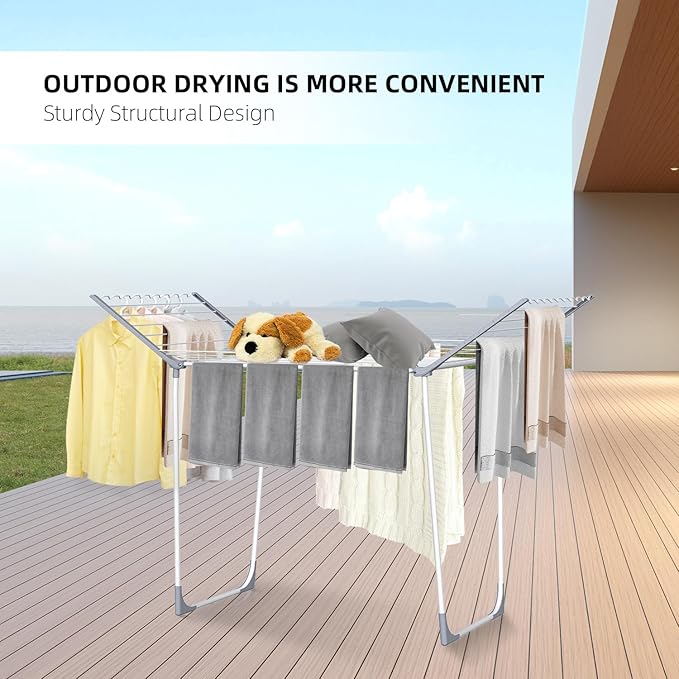 Clothes Drying Rack, Foldable Laundry Rack for Indoor Outdoor, 10pcs Sock Clips, Collapsible Space-Saving Drying Rack for Clothes Towels Dolls, White