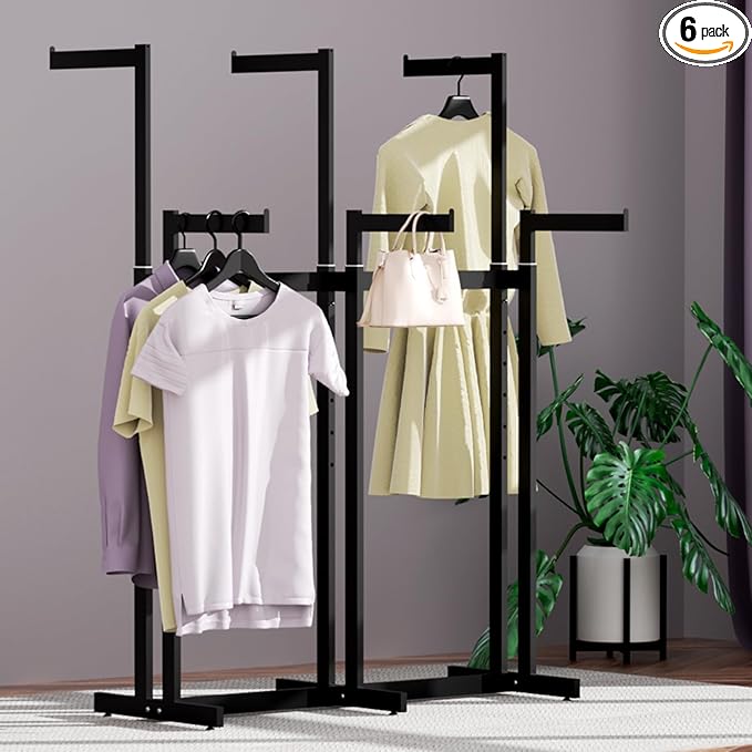 Clothing Racks - Heavy Duty Garment Racks Metal for Retail Display Hanging Clothes, Rolling Black Commercial Clothing Display Rack Stand with Wheels (6 Arm,Black)