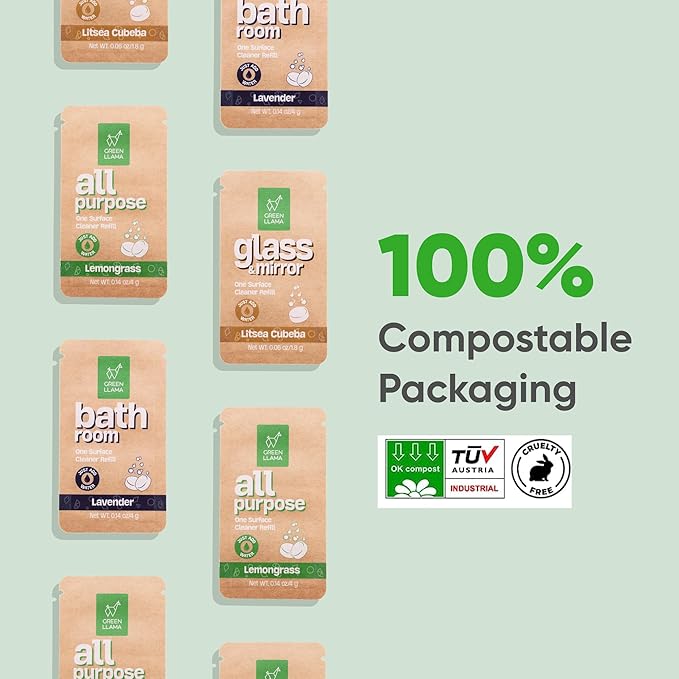 Green Llama Window and Glass Refill 8-Pack - Certified Compostable Packaging, Natural Cleaning Solution for Windows and Glass - Eco-Friendly and Sustainable