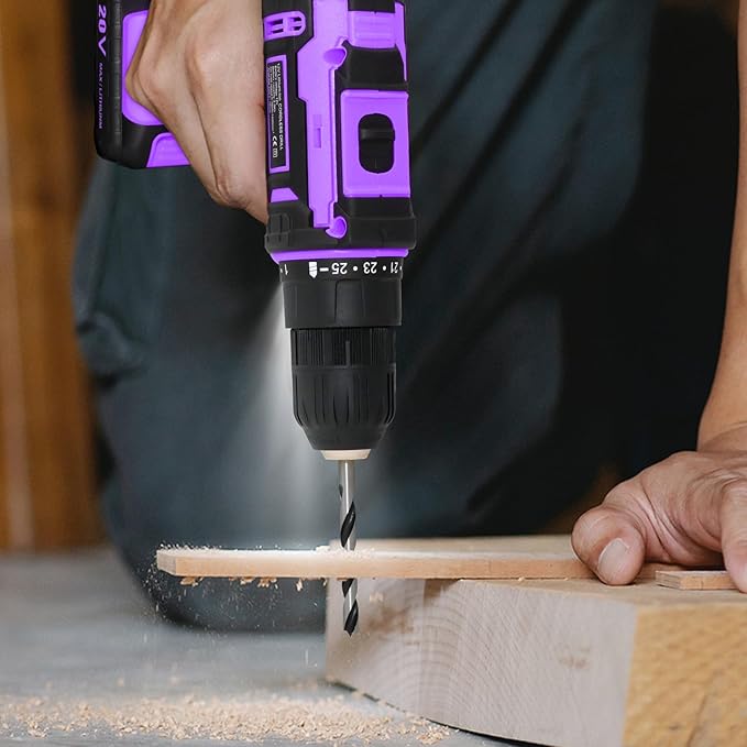 Purple Cordless Drill Set,20V Drill Driver with Battery and Charger,3/8-Inch Keyless Chuck, Variable Speed,with Drills Bits Set