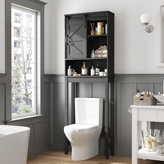 Over The Toilet Storage Cabinet, Bathroom Organizer with Anti-Tip Kit, Adjustable Shelves, Elegant Matte Black Finish Suits Modern Bathrooms.