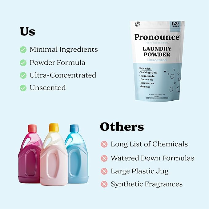 Pronounce Laundry Detergent Powder Alternative | Cleaner Ingredients. Safer for Sensitive Skin. Stain + Smell Fighting. Fragrance Free, HE Safe - 120 Loads (Unscented).