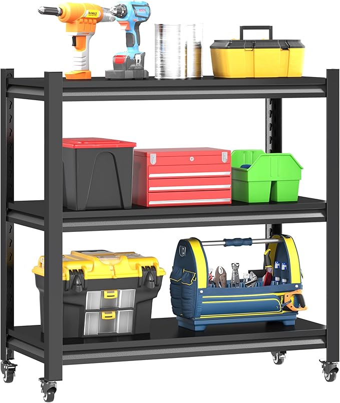 Standing Storage Racks,3 Tier Garage Shelving Heavy Duty Adjustable Garage Shelves,Large Modular Shelving Unit Storage Organizer for Kitchen/Bathroom/Pantry/Office-Assembly Required(Black)