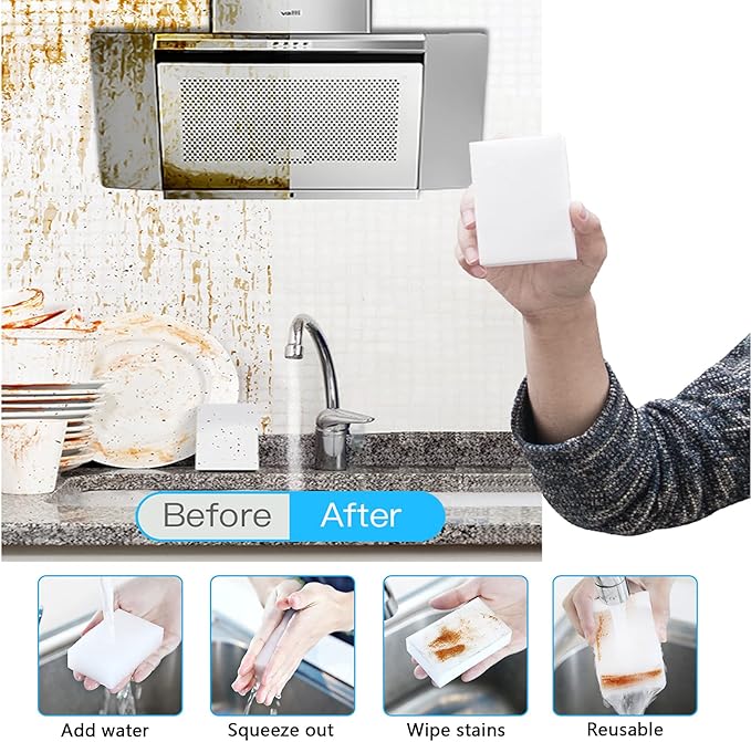100Pack Magic Sponge Eraser | Premium Melamine Sponge Foam | Multi-Functional Household Cleaning Sponge for Kitchen, Sink, Bathrooms, Walls, Vehicles, Shoes | No Scratch Cleaning Pads