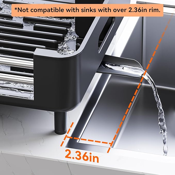 Urackify Stainless Steel Dish Drying Rack - Dish Drainer for Kitchen Counter, Extendable Drainboard with Foldable, Space-Saving Cup & Bowl Organizer, Includes Knife and Utensil Holder, Black