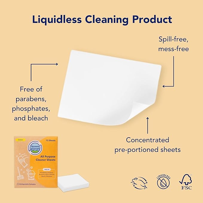 Brave Planet Eco-Friendly All-Purpose Cleaner Sheets – Biodegradable, Non-Toxic, No Parabens, Phosphates, or Ammonia – Fresh Lemon Scent – 12 Multi-Surface Dissolvable Sheets for Home