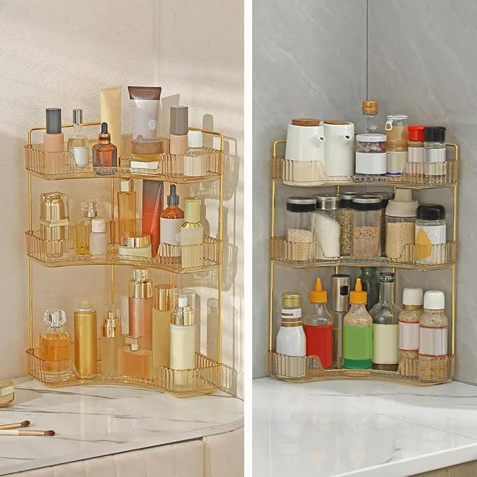 INVSSENE Corner Bathroom Countertop Organizer, Vanity Organizer Trays for Counter, Makeup Organizers, Perfume Tray, Skincare Shelf Storage Gifts for Women Girl Student (Yellow, 3 Tiers)