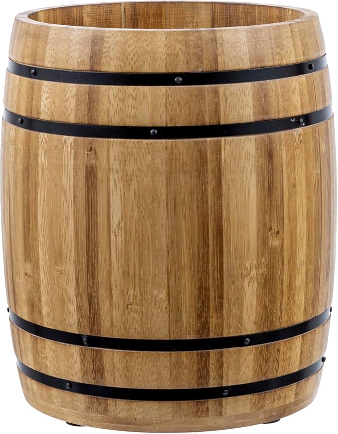 MyGift Wine Barrel Design Kitchen Utensil Crock, Light Brown Solid Bamboo Wood Cooking Tool Holder