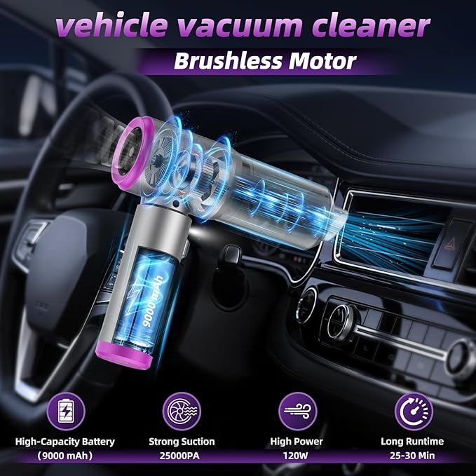 Mini Vacuum Cleaner, 2 in 1 25000PA Brushless Car Vacuum &250000RPM Air Duster 9000mAh Battery Air Blower Wireless Handheld Vacuum for Car,Office and Home