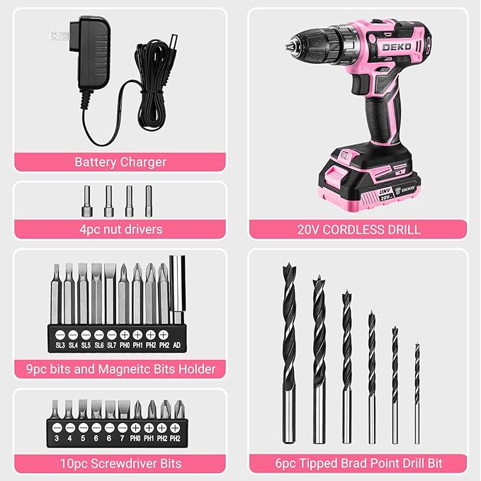 Power Drill Cordless: DEKOPRO'S Pink Cordless Drill 20V Electric Power Drill Set Tool for Women Drills with Battery and Charger 20 Volt Drills Driver Kit