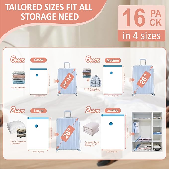Cozy Essential Travel Vacuum Storage Bags with Rechargeable Cordless USB Pump for Luggage, Suitcase, Carry-on Size Vacuum Seal Compression Space Saver Bags for Clothes and Clothing, 16 Combo