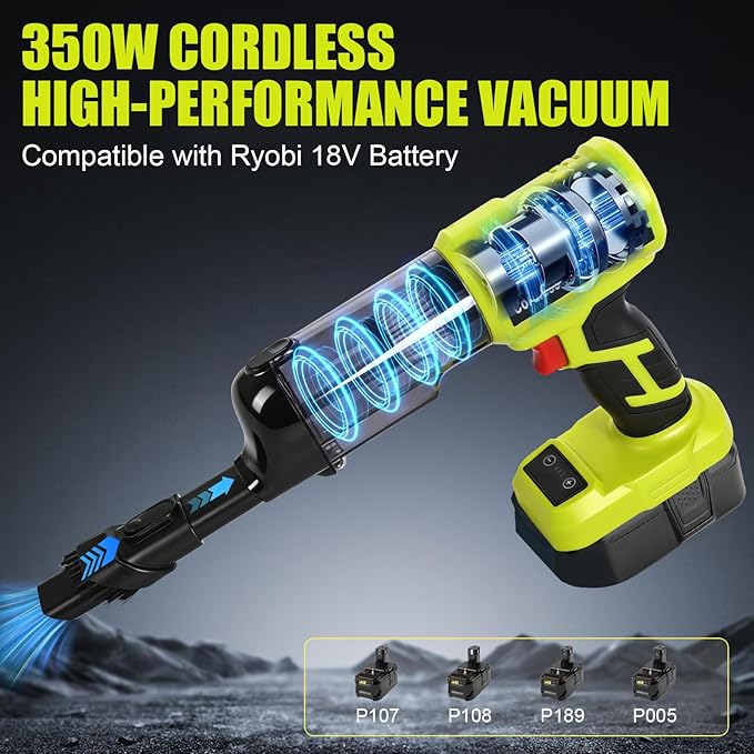 Cordless Vacuum Cleaner for Ryobi 18V Battery, 105AW Brushless Handheld Vacuum with 3-Speed Control, LED Light, 4 Nozzles & 5 Filters, Portable Vacuum for Car Floor Home (No Battery)