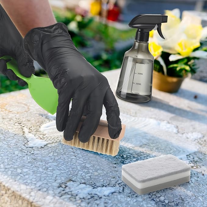 7 Pcs Headstone Cleaner Kit for Grave Cleaning Gravestone Cleaner Grave Granite Includes Microfiber Cloth Spray Bottle Bristle Brush Headstone Sponge Disposable Gloves Plastic Scraper