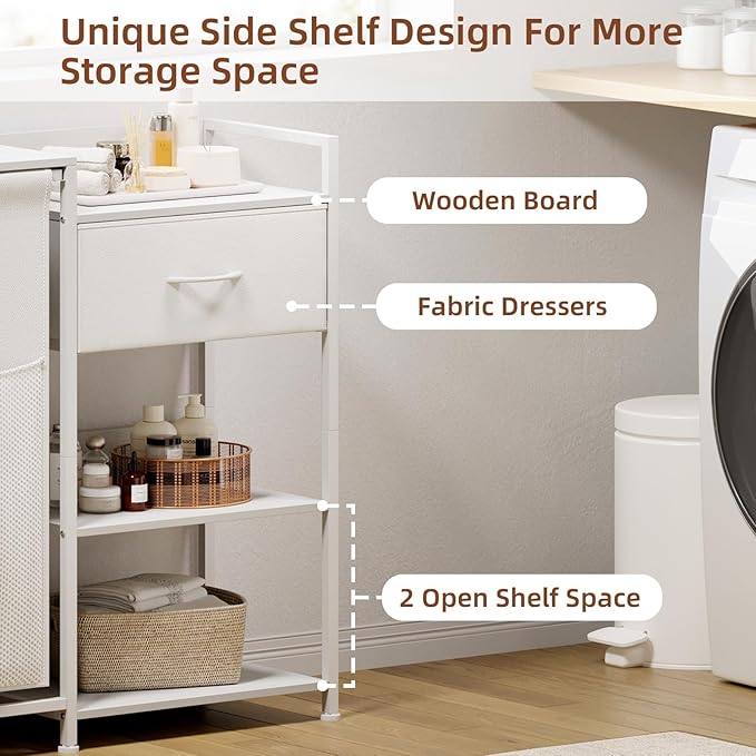 Somdot Laundry Hamper with Fabric Drawer and Shelves, Laundry Basket Sorter with 15.8 Gallons (60L) Pull-Out and Removable Bag, White Leather