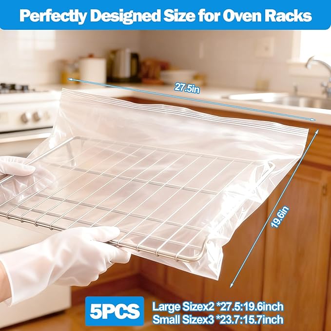 XANGNIER 5 Pack No Scrub Oven Rack Cleaning Bags,No Cleaner Included,Simple to Use,No Messy Hands Reusable Leakproof Soaking Cleaner Bags for Removable Metal Rack,BBQ Grills,Grill Grate