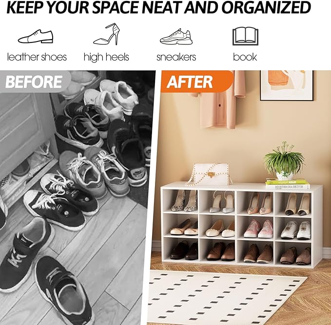 Garden 4 you Shoe Storage Bench, Cubby Shoe Rack with 12 Cubbies, 3-Tier Wood Shoe Rack Organizer, Shoe Organizer Cabinet for Entryway, Hallway, Closet and Garage, White